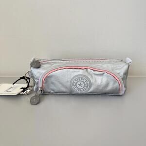 Kipling Cute Pencil Pouch Metallic Silver with Monkey Charm NWT